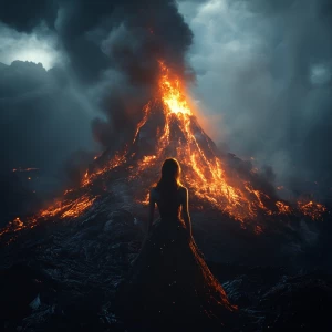 A futuristic portrait of a lands cape of an erupting volcano. Th...