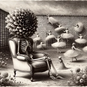 A skeleton with a large black dahlia for a head is sitting on an...