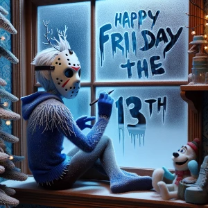 An Jack Frost on  the shelf donned in a hockey mask, smearing th...