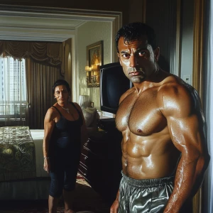 Photorealism,A muscular, perspiring man steps into a luxurious N...