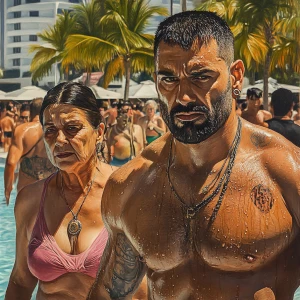 Realism,sharp art,detailed.a man muscular beefy sweaty walking w...