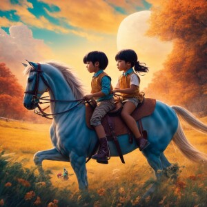 Anime Childrens Book Illustration with two kids riding horses