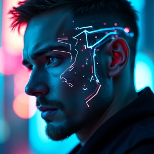 A futuristic and visually striking digital artwork with "Flux Dev" A close-up of a futuristic cybernetic man with sleek facial implants, glowing blue neural circuits, and a confident expression against a neon-lit city background