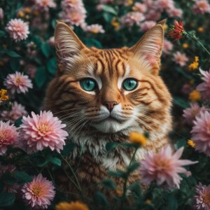 A whimsical picture of a cat in nature with flowers