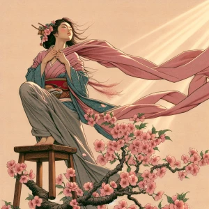 Create an image of a young woman standing on a stool on her tip...