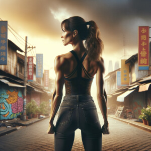 Athletic Thin skinny Attractive, Asian teenage girl, long brown hair and bangs, wearing tight skinny jeans and a halter top paint marks on her clothing, heroic pose Asian graffiti background, backside view