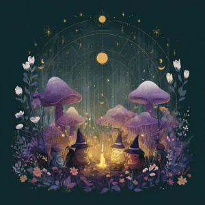 a dreamy cottagecore illustration of a forest clearing at night...