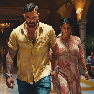 realism art.A sweaty beefy muscular son in law criminal walking...