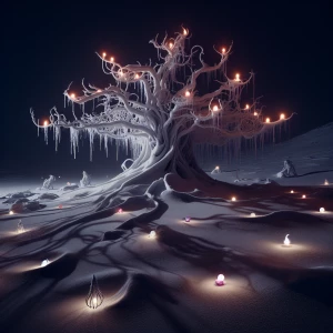 Amidst the softly falling snow, a twisted, skeletal Christmas tr...