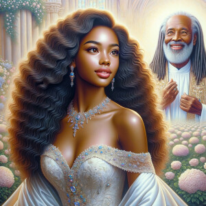 Create a 3-D realistic oil, painting of a beautiful African-American bride. She has long flooring, wavy hair and her gown has beautiful jewels around the neckline. in the background there is a beautiful African-American Jesus Christ with long dreadlocks, and he is smiling. He is very handsome pastel flowers throughout the image.