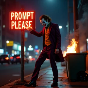 hyperrealistic Image of The Joker stepping on a sign that says[P...