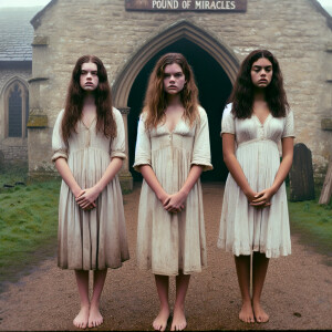 Create a color film photograph from 1962 of three beautiful, bux...