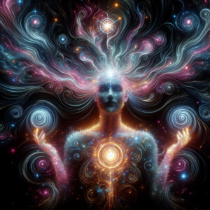 Create an acrylic painting of a radiant, divine being made of sw...