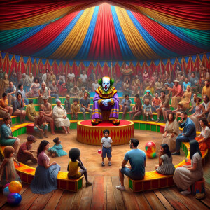People are sitting in a circus tent, and there is a scary smilin...