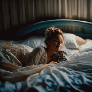 Beautiful woman waking up laying face down in a messy bed wearin...