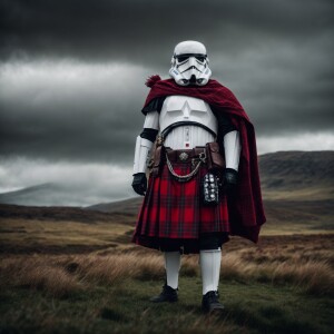 Storm trooper wearing a scottish kilt, highland in the backgroun...