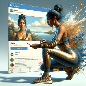 Create a 3D illustration of a realistic light skinned African-American woman playing on her knees, FAITHBOOK social media with a splash colours water effect. She is wearing a gold and black jumpsuit and gold and black Nike gym shoes. The background is a FACEBOOK Oh my gosh social media profile with a user name “KAREN” and profile picture of him and a beautiful sky profile cover.