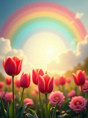 Create an image that encapsulates the joy of Easter with a rainb...