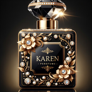 Design a fancy, black and gold bottle of perfume in the shape of a woman’s body. With a golden diamond top, flowers pearls and Diamonds in the name, Karen