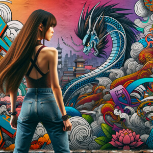 Attractive, Asian teenage girl, long brown hair and bangs, wearing tight skinny jeans and a halter top paint marks on her clothing, backside view heroic pose Asian graffiti