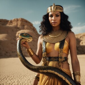 Generate an image of me as a egyptian goddess holding a cobra sn...