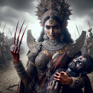 Create a cinematic 8K resolution portrait of a powerful, muscular goddess Durga of Indian mythology. She has an intense gaze, carries a frail evil figure in her arms, and is striking him with her crimson dagger-like fingernails. She is adorned in stunning attire that includes a saree, armor, a grand crown, and an abundance of jewelry, every piece sparkling as if made from diamonds. The scene is set in a barren, arid landscape that heightens the dramatic tension. There is a poignant aftermath of the confrontation, signified by the hint of red scattered around. Pay extra attention to the ultra-detailed depiction of her majestic visage and overall grandeur reminiscent of an epic.