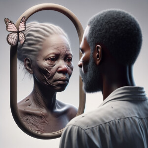 Create a 3-D realistic, adult african-American, female and male looking at themselves in the mirror but the child them has scars dirty crying and sad, with a falling butterfly