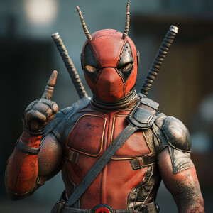 An anthropomorphic roach   dressed in a fitted Deadpool costume,...