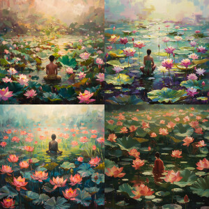 Kneeling in a lotus pond, lots and lots of lotus flowers