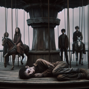 A boy with dark hair sits unconscious on an old abandoned carous...