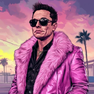 Elon Musk in GTA art style — Pink fur coat — in the style of a G...