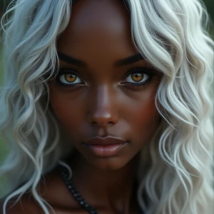 A stunning dark skinned 24yo female, white hair and amber eyes.