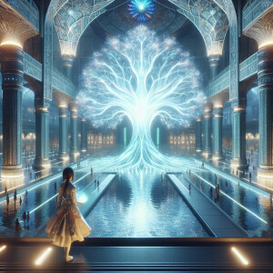 A large glowing tree surrounded by water is located inside an Ar...