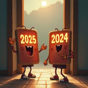"An anthropomorphic '2025' sign, with gleaming numbers and cheer...