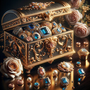 Create an image of an ornate jewelry box richly detailed with golden swirls and floral motifs, with no items on the top. Inside the box lies a collection of exquisite jewelry, each piece featuring vibrant blue gemstones set amongst pearls and golden accents. This treasure is placed on a dark wooden surface, subtly reflecting the luster of the gems. Around the box, there are loose gemstones, a golden flower, and soft pink roses in the blurred background, contributing to the elegant ambiance. The name 'Karen' is elegantly inscribed above the jewelry box, adding a personalized touch to the scene.