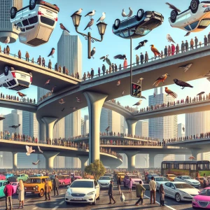 "Envision a surreal cityscape where cars drive along the sky, bi...