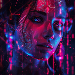 A woman’s face, illuminated by neon lights, with a fractal-patte...