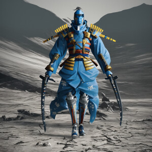 Lone futuristic samurai warrior holding a katana in his hand wit...