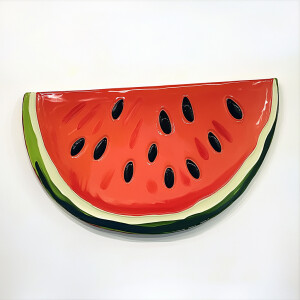 Generate a vibrant colorful image of a whimsical slice of waterm...