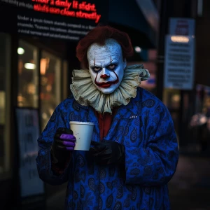 "Under a dimly lit  streetlight, a gangster clown stands alone,...