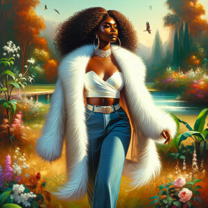 Craft a 4K glossy oil painting portraying a regal, plus-size Afr...