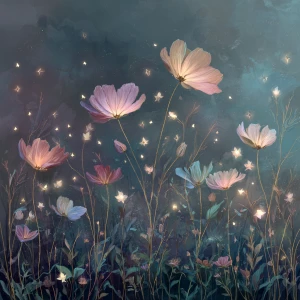 Fantasy botanical illustration of glowing pastel wildflowers swa...