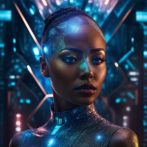 Produce a digital artwork featuring a cutting-edge AI cyborg hol...