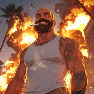 White muscular thin man with beard, big chin, smile and cheekbon...