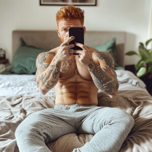 Generate an image of a 35-year-old, ginger-haired man with a hai...