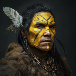 A native american indian with intricate yellow facial paint, fea...