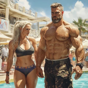 Realism art, a muscular, sweaty hotty man walking alongside his...