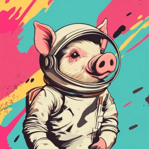 Cute cartoon pig in vintage white spacesuit and NASA style helme...