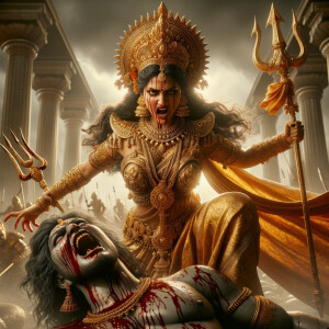 portrait of angry looking, indian goddess straddling a defeated...
