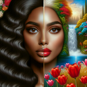 Create a digital artwork showing a half-portrait of a light-skin...